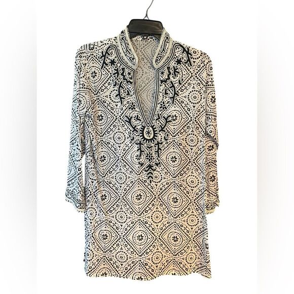Barbara Gerwit Sz S Black White Heavily Beaded Design Cotton Beach Summer Tunic - Picture 1 of 8